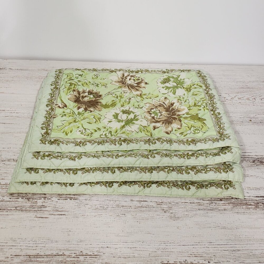 4 Quilted Green Floral Placemats  12" X 17" Great condition